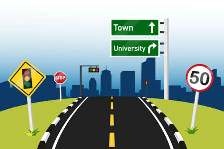 Colorful background of highway with traffic sign. transportation concept template. Simple flat design vector illustration.のイラスト素材