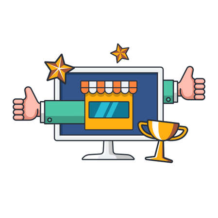 Collection colored thin icon of online shop promote, thump up, stars, business and finance concept vector illustration.のイラスト素材