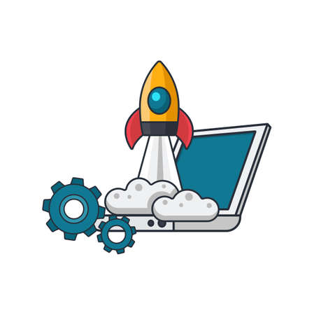 Collection colored thin icon of launching spacecraft on laptop ,gear, ,idea or transportation concept vector illustration.のイラスト素材