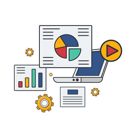 Collection colored thin icon of presentation slides, display, gear, clock, graph, business and technology concept vector illustration.のイラスト素材