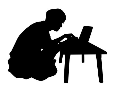 A boy is sitting with computer notebook silhouette vector on white, people and technology concept.のイラスト素材