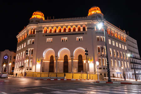 a French colonial building in Algiers city at nightの写真素材