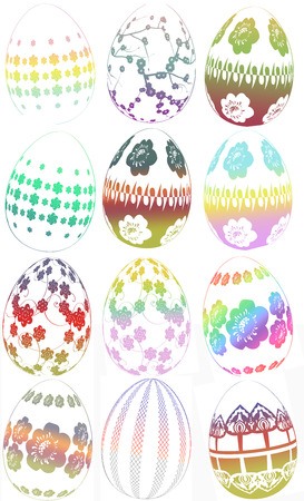 Group of easter egg illustrations with different designs colors and patternsの写真素材