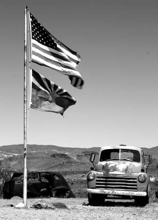 American and Arizona flag with classic carsの写真素材