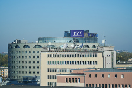 Warsaw, Poland - 10 06 2018: Building of TVP (Telewizja Polska - "Polish Television") with a lot of antennas on the roof.のeditorial素材