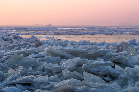 Ice drift on the Amur river. Khabarovsk, far East, Russiaの写真素材