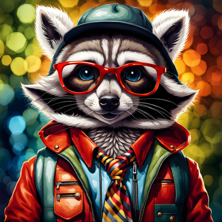 Portrait of a raccoon in a red jacket and glasses.の素材