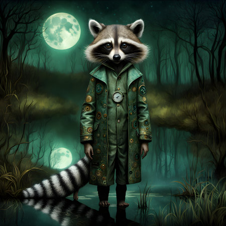 Raccoon in a green coat and tie sits in the forest.の素材