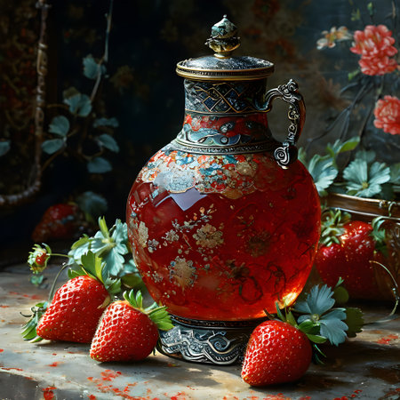Still life with a bowl of strawberries on a dark background.の素材