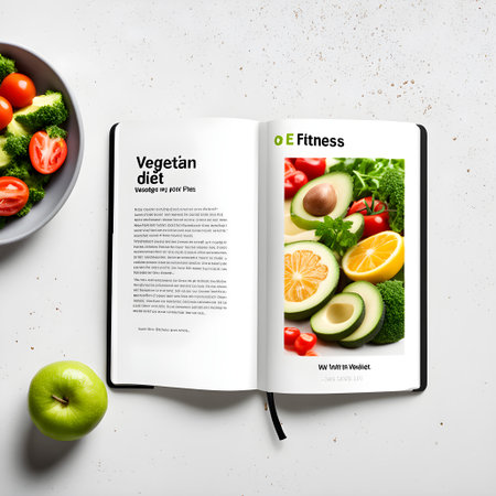 Fitness magazine layout with fresh vegetables and fruits. Healthy eating conceptの素材