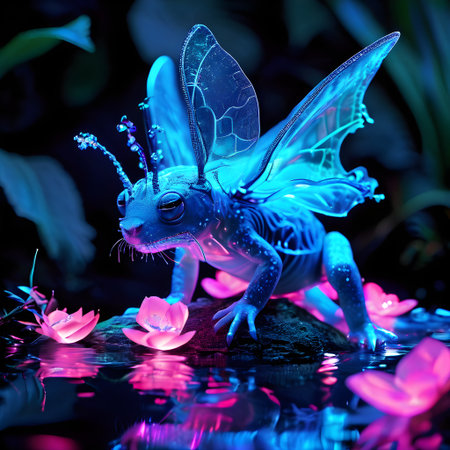 Blue fairy tale dragon on a black background. 3d rendering.の素材