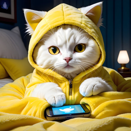 Cute cat in a yellow raincoat with a mobile phone.の素材
