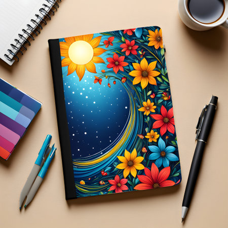 Top view of a sketchbook with a picture of a lake, a forest and a full moon.の素材