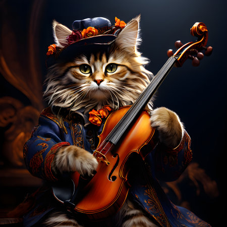 Cute cat in medieval costume with a violin on a dark background.の素材