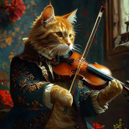Cute red cat playing the violin in a room with flowers.の素材