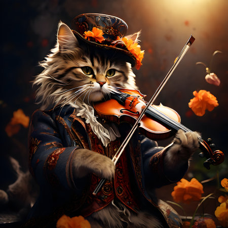The cat plays the violin on the background of an autumn landscape.の素材