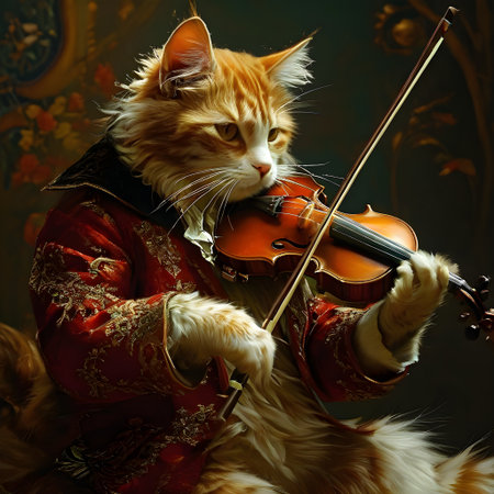 Cute red cat playing the violin on a dark background. Vintage style.の素材