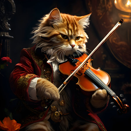 Cute red cat playing the violin on dark background. Vintage music concept.の素材