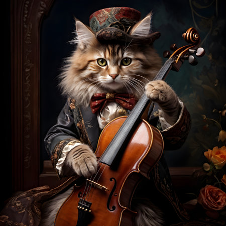 Cute cat playing the violin. Vintage style. Studio shot.の素材