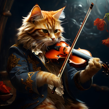Cute red cat playing the violin on dark background. Vintage style.の素材