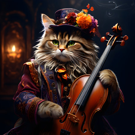 Cute cat playing the violin on a dark background. Halloween.の素材