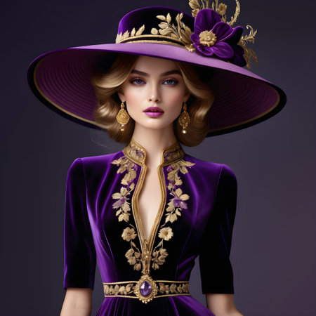 Beautiful young woman in elegant hat and dress. Perfect makeup. Beauty, fashion.の素材