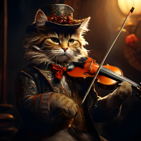 Cute cat playing the violin. Portrait of a cat in a hat.の素材