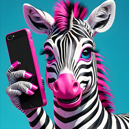 Funny zebra with mobile phone on blue background. 3D rendering.の素材