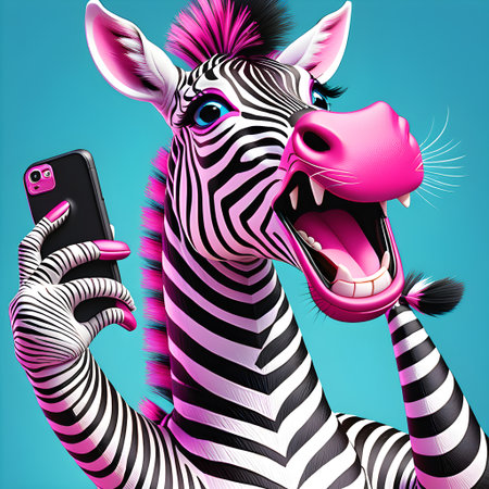 Funny zebra taking a selfie with a mobile phone. Vector illustration.の素材