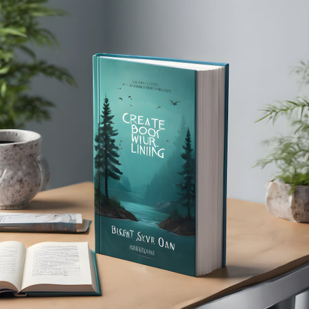 Open book on table in room with plants. 3d rendering.の素材