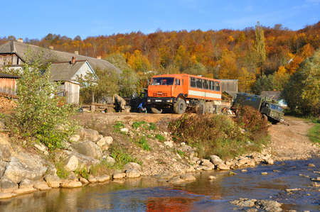Vehicles in the village Mezmay. RUSSIAのeditorial素材
