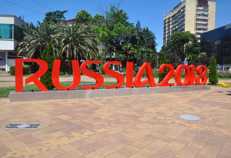 City sculpture in the center of Sochi - red letters "Russia 2018". SOCHI, RUSSIAのeditorial素材