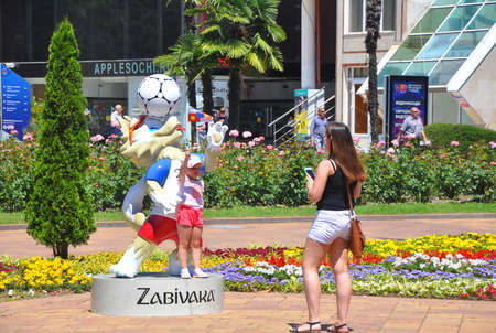 SOCHI, RUSSIA - JUNE 5, 2017: People are photographed near Zabivaki - the mascot of the World Cup 2018のeditorial素材