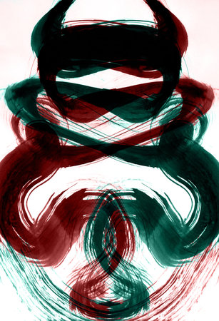 Path of reflection on the sheet format with a wide brush. Calligraphy with wide ink brush on format. Abstraction profit balance. Silhouette of a snake preparing to jumpの写真素材