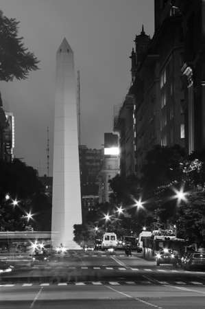 BUENOS AIRES - FEBRUARY 7, 2013 - The Obelisk, the most famous monument of Buenos Aires, located in the city financial center, surrounded by avenues, at nightのeditorial素材