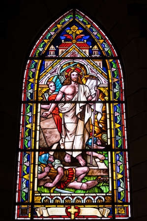 BARILOCHE, ARGENTINA - MARCH 10, 2014 - Stained glass window inside catholic church, Nahuel Huapi Cathedralのeditorial素材