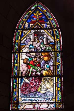 BARILOCHE, ARGENTINA - MARCH 10, 2014 - Stained glass window inside catholic church, Nahuel Huapi Cathedralのeditorial素材