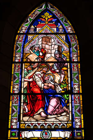 BARILOCHE, ARGENTINA - MARCH 10, 2014 - Stained glass window inside catholic church, Nahuel Huapi Cathedralのeditorial素材