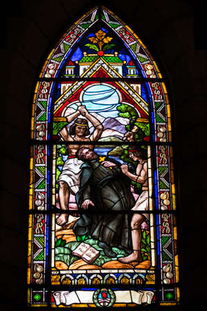 BARILOCHE, ARGENTINA - MARCH 10, 2014 - Stained glass window inside catholic church, Nahuel Huapi Cathedralのeditorial素材