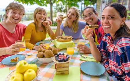 multiethic group of people enjoying sweet breakfast together outdoors sitting on a garden table...