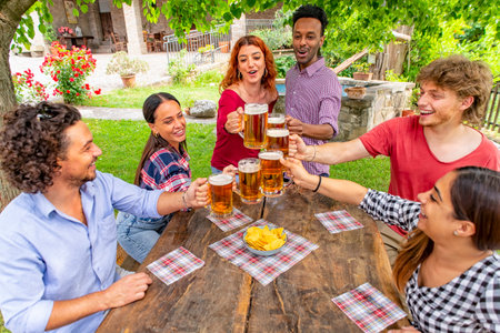happy multiratial group of friends making a celebratory toast with beers on a picnic table outdoors in the garden. people gathering in a summer happy hour laughing in a party. joy and lifestyle conceptの写真素材