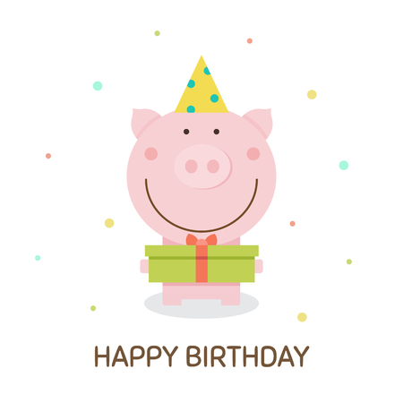 Happy Birthday vector illustration with pig holding a gift.のイラスト素材