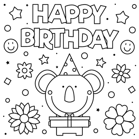Happy Birthday. Coloring page. Black and white vector illustrationのイラスト素材