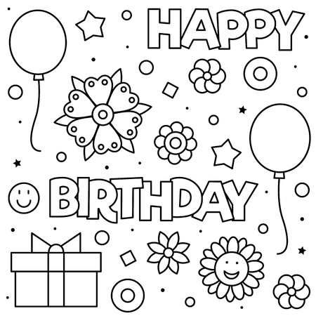 Happy Birthday. Coloring page. Black and white vector illustration of flowers and balloonsのイラスト素材