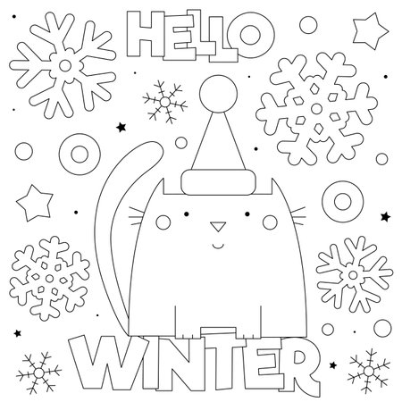 Hello Winter. Coloring page. Black and white vector illustration.のイラスト素材