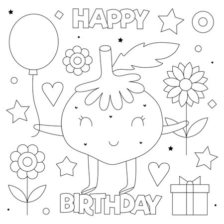 Happy Birthday. Coloring page. Vector illustration of a strawberry.のイラスト素材