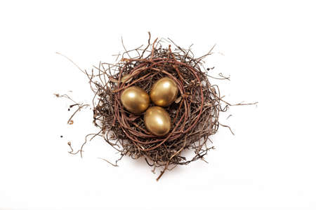 Three golden eggs in the nest isolated on white backgroundの写真素材