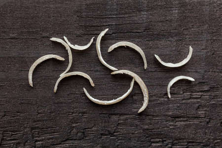 Nail clipper and some nail clippings over a dark wooden surface