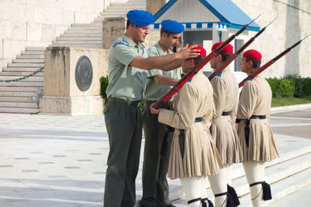 ATHENS, GREECE - MAY 15: Evzones changing the guard at the Tomb of the Unknown Soldier in front of...