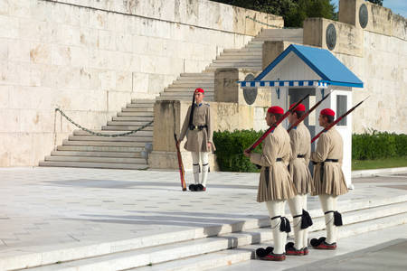 ATHENS, GREECE - MAY 15: Evzones changing the guard at the Tomb of the Unknown Soldier in front of...